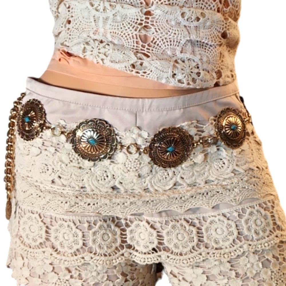 BELT GOLD TONE & TURQUISE BOHO SOUTHWEST CONCHO CHAIN BELT